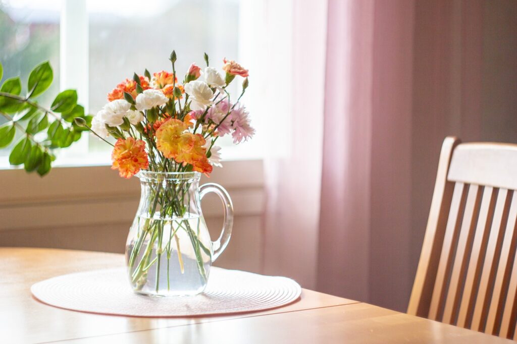 flowers, flower wallpaper, table, beautiful flowers, vase, flower background, nature, bouquet, window, carnation, dianthus