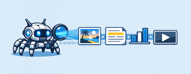検索エンジンのクローラーがWebサイトの画像をスキャンしてalt属性のテキスト情報を読み取っている仕組みのイラスト