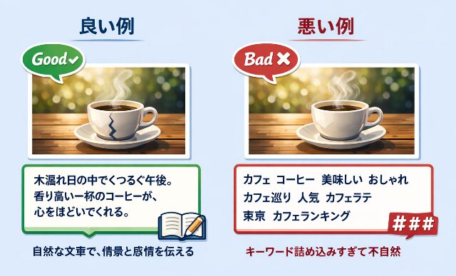 カフェのコーヒー写真に対する適切なalt属性の例文とキーワードを詰め込みすぎた不適切な記述例の解説図