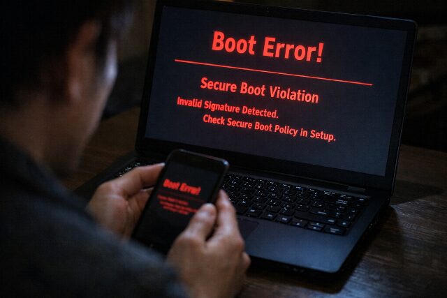 2026年問題でパソコンが起動不能になるエラー画面をイメージしたイラスト