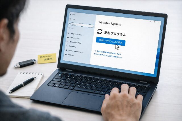 パソコンのセキュアブート対策としてWindows Updateを操作するユーザーの手元