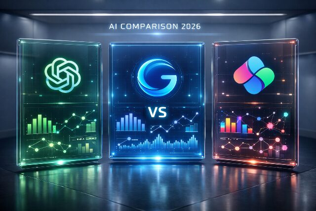 2026年におけるChatGPT、Gemini、Copilotの3大生成AIサービスを近未来的なホログラムで比較したイメージ図