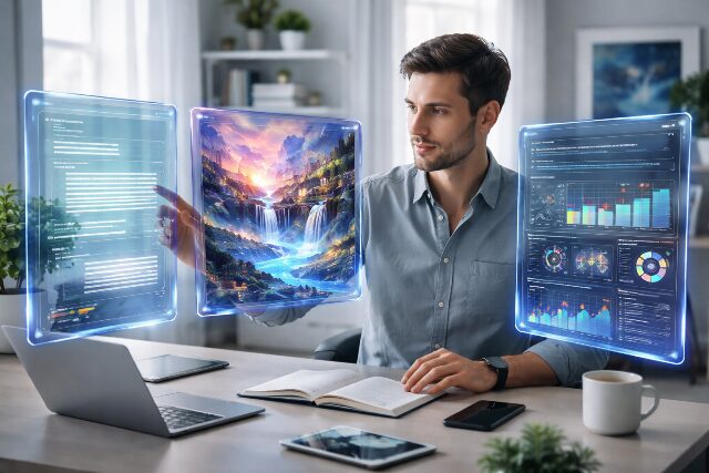 デスクワークにおいて、文章作成、画像生成、情報検索といった目的ごとに異なるAIツールを使い分けて効率化している様子。