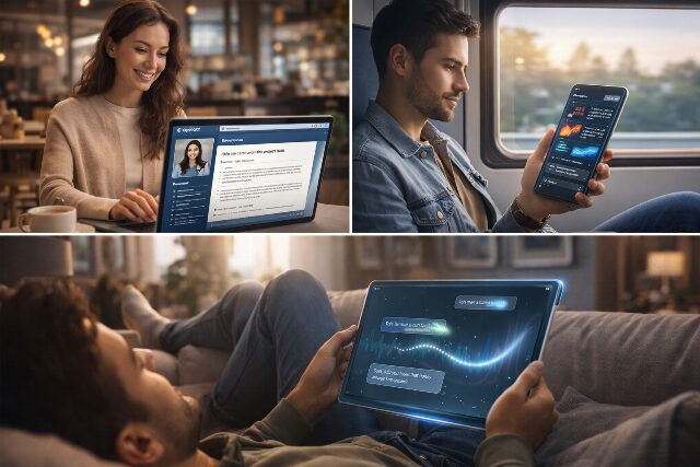 カフェでのPC作業、移動中のスマホ利用、自宅でのリラックスタイムなど、それぞれのライフスタイルに合わせて最適なAIを活用している人々の様子。