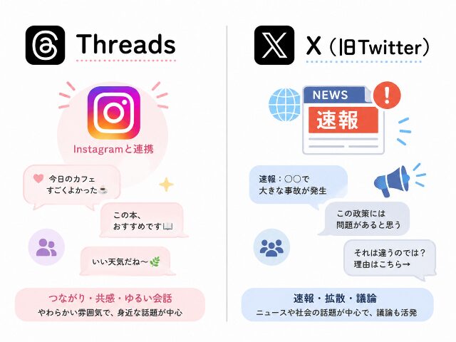 ThreadsとX（旧Twitter）の特徴を比較したシンプルな図解イラスト