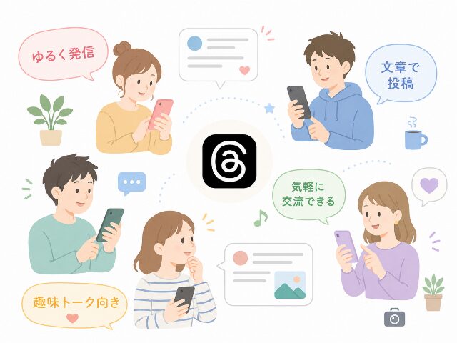 Threadsがゆるい発信や趣味トークに向いていることを表すイラスト