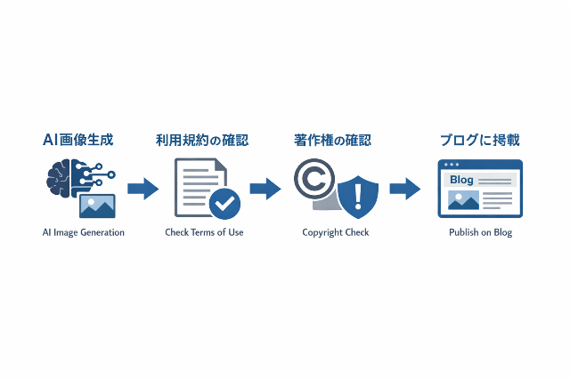AI画像をブログに掲載する際の基本ルールと、生成から掲載までの流れを示した概念図(AI生成画像)