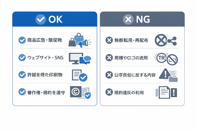 AI画像の商用利用における許可と禁止の違いを比較したチェックリスト風の図解(AI生成画像)
