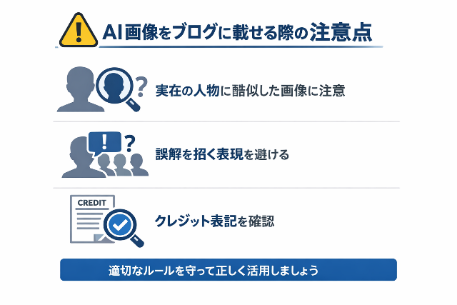 AI画像をブログに掲載する際に注意すべきポイントをまとめた警告アイコン付きの図解(AI生成画像)
