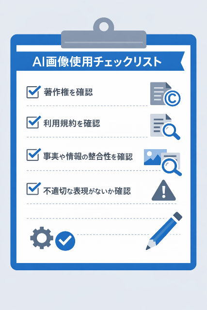 AI画像を安全に利用するための確認項目を整理したチェックリスト形式の図解(AI生成画像)