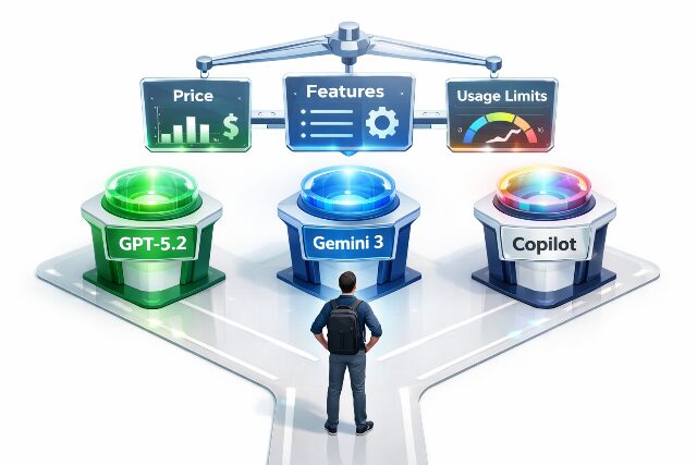 2026年の主要AI（ChatGPT, Gemini, Copilot）の料金や機能を天秤にかけて比較し、どれを選ぶか迷っているユーザーのイラスト。AI生成画像