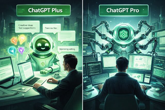 ChatGPT Plus（標準プラン）とChatGPT Pro（最上位プラン）の機能差。Plusはアシスタント、Proは自律型AIエージェントとしての役割を果たすイメージ。AI生成画像