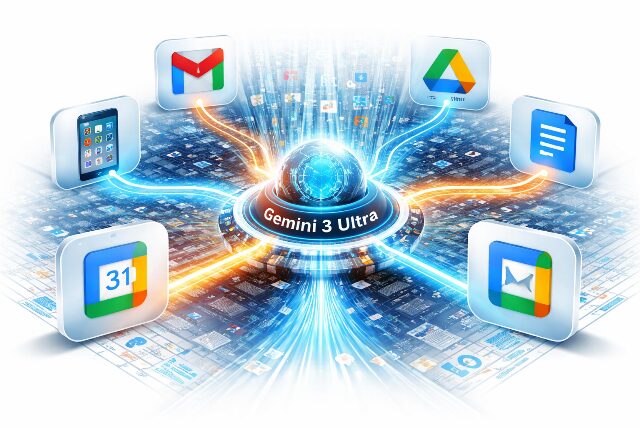 Googleエコシステム（Gmail, ドライブ, ドキュメント等）と深く連携し、巨大なデータ（コンテキストウィンドウ）を処理するGemini 3のイメージ。AI生成画像