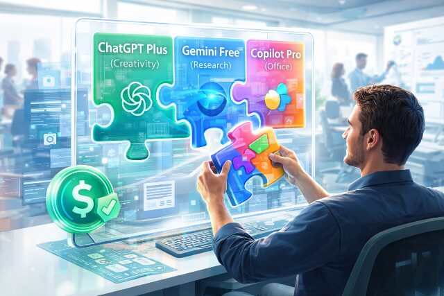 ChatGPT、Gemini、Copilotそれぞれの有料・無料プランをパズルのように組み合わせ、自分に最適なAIポートフォリオを構築している様子。AI生成画像