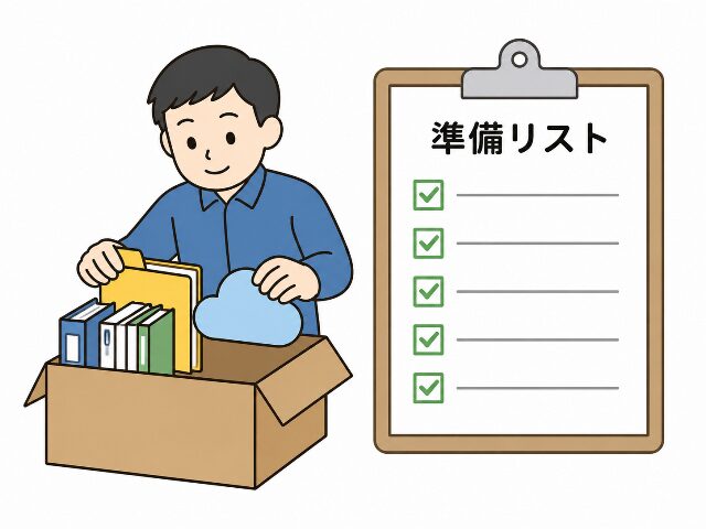WordPressのテーマ変更の準備でやることとして、データを箱に詰めながら「準備リスト」を確認する様子。AI生成画像。