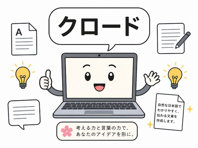 ノートパソコンを擬人化したキャラクターが『クロード』と話し、テキスト作成やアイデアの電球がひらめいている様子。AI生成画像
