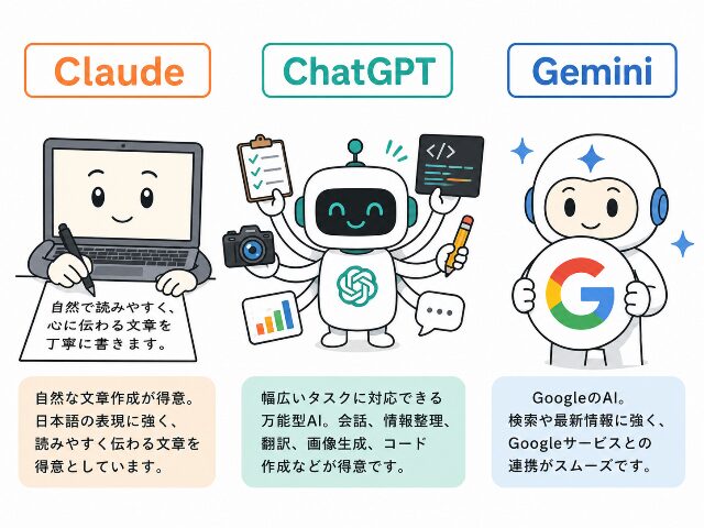 主要な生成AIである『Claude』『ChatGPT』『Gemini』の特徴を3人のキャラクターで表現した比較図。AI生成画像