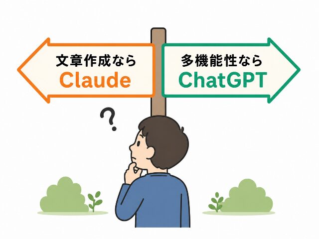 『文章作成ならClaude』『多機能性ならChatGPT』と書かれた日本の案内標識を見て、どっちがいいか選んでいる人のイラスト。AI生成画像