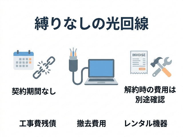 縛りなしの光回線について「契約期間なし」「解約時の費用は別途確認」と示した図解。工事費残債・撤去費用・レンタル機器も確認。