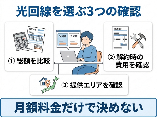 「光回線を選ぶ3つの確認」として「総額を比較」「解約時の費用を確認」「提供エリアを確認」を示した図解。月額料金だけで決めないことを説明。