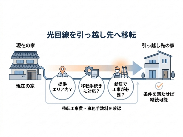 「光回線を引っ越し先へ移転」する流れと「提供エリア内？」「移転手続きに対応？」「新居で工事が必要？」の確認項目。条件を満たせば継続可能。