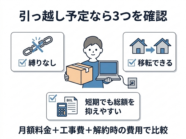「引っ越し予定なら3つを確認」として「縛りなし」「移転できる」「短期でも総額を抑えやすい」を示した光回線の選び方。