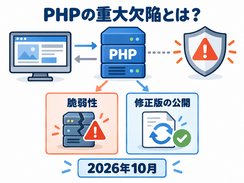 2026年10月の「PHPの重大欠陥とは？」を示し、脆弱性と修正版の公開を比較した図解。