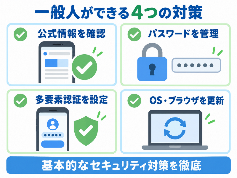 「一般人ができる4つの対策」として、公式情報の確認、パスワード管理、多要素認証、OS・ブラウザ更新を示す。