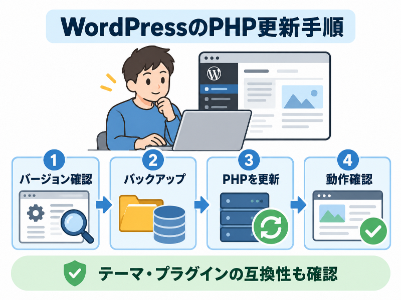 「WordPressのPHP更新手順」として、バージョン確認、バックアップ、PHP更新、動作確認の4段階と互換性確認を示す