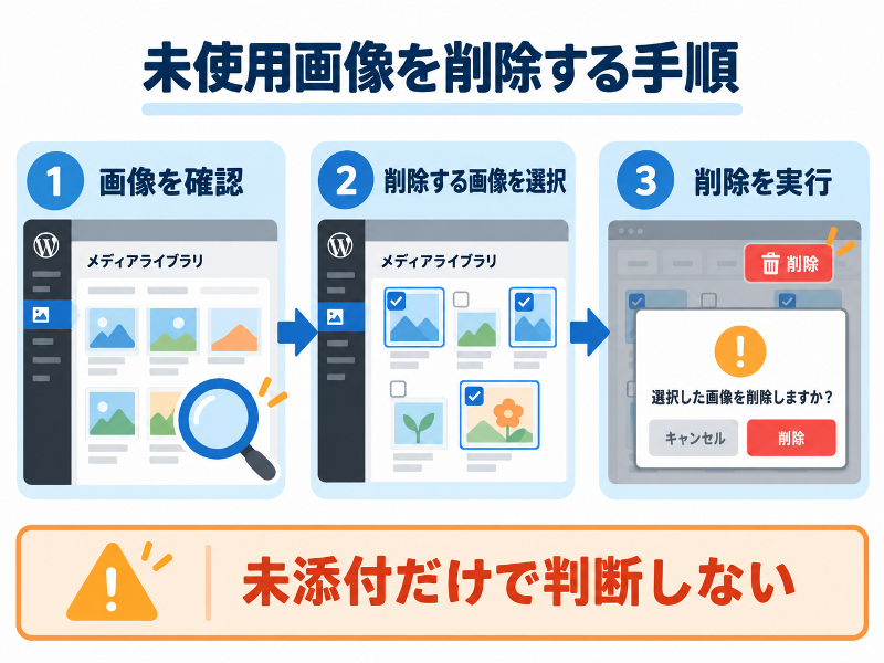 WordPressの未使用画像を「画像を確認」「削除する画像を選択」「削除を実行」の順で整理する手順。注意点は「未添付だけで判断しない」。AI生成画像