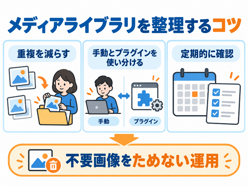 WordPressのメディアライブラリを「重複を減らす」「手動とプラグインを使い分ける」「定期的に確認」で整理する方法